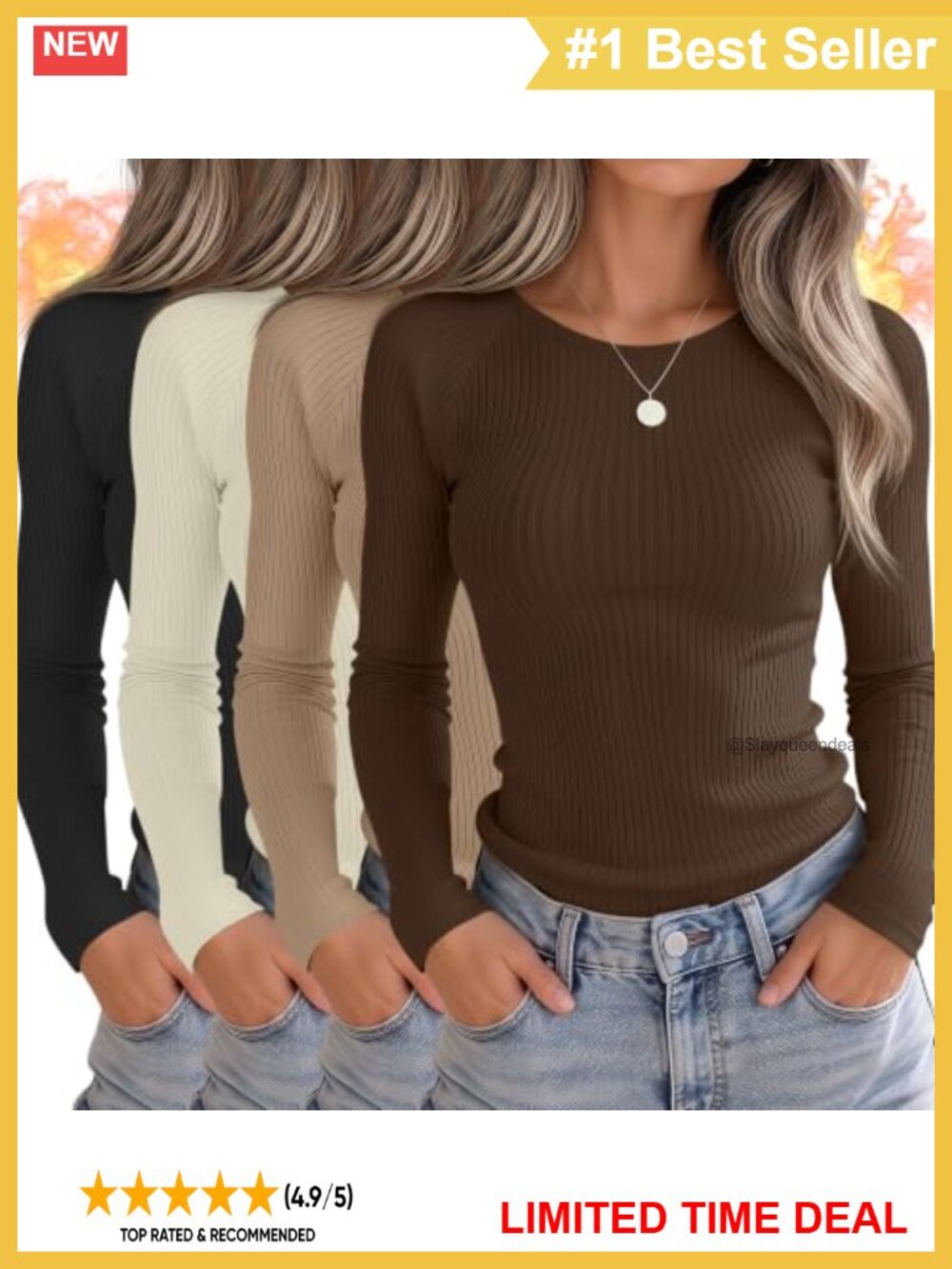 4 Pack Women's Ribbed Cotton Long Sleeve Shirts Slim Fit Crew Neck Tops